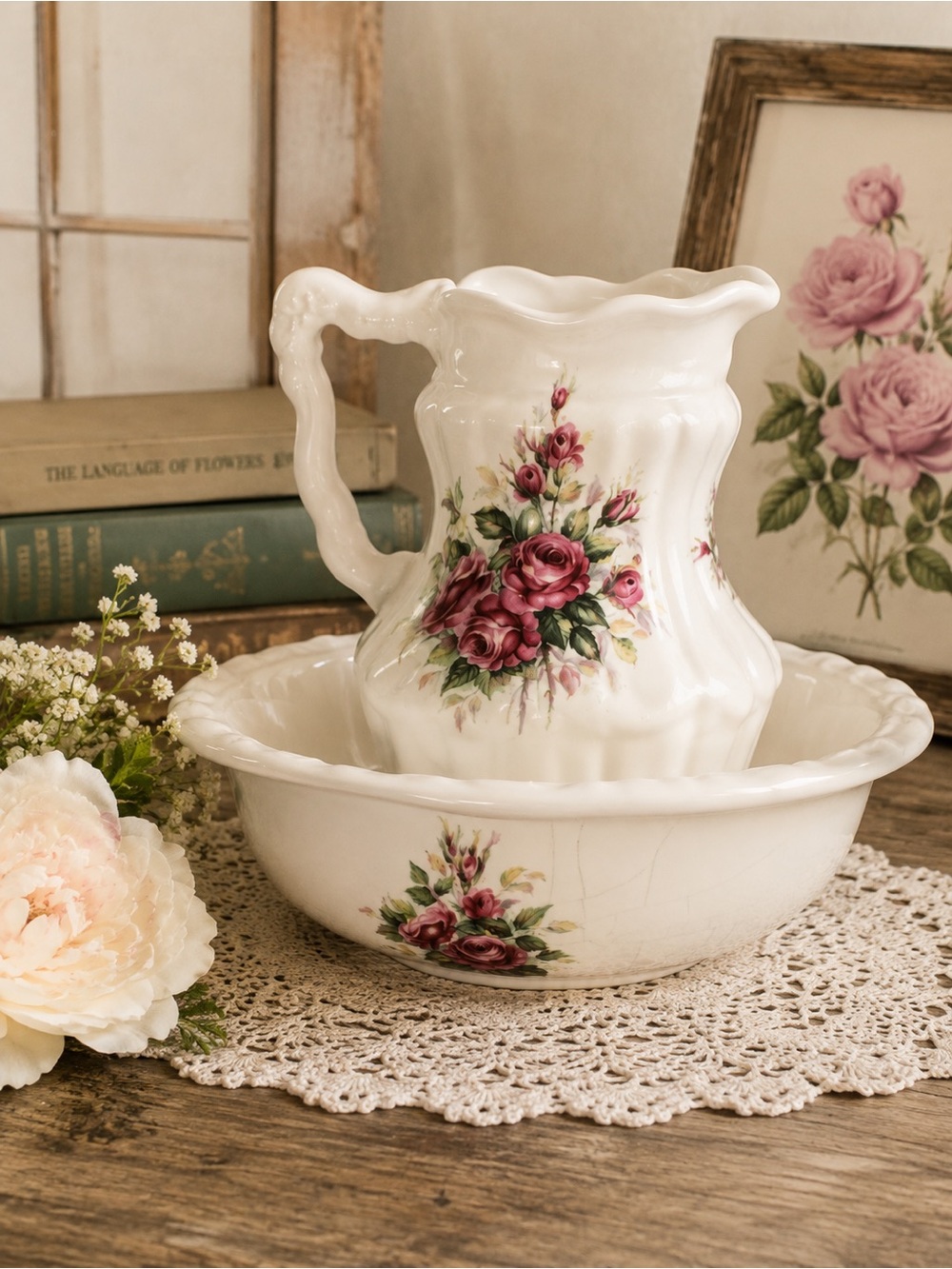 Vintage Athena USA Rose Floral Pitcher & Wash Basin Set Cottagecore Victorian